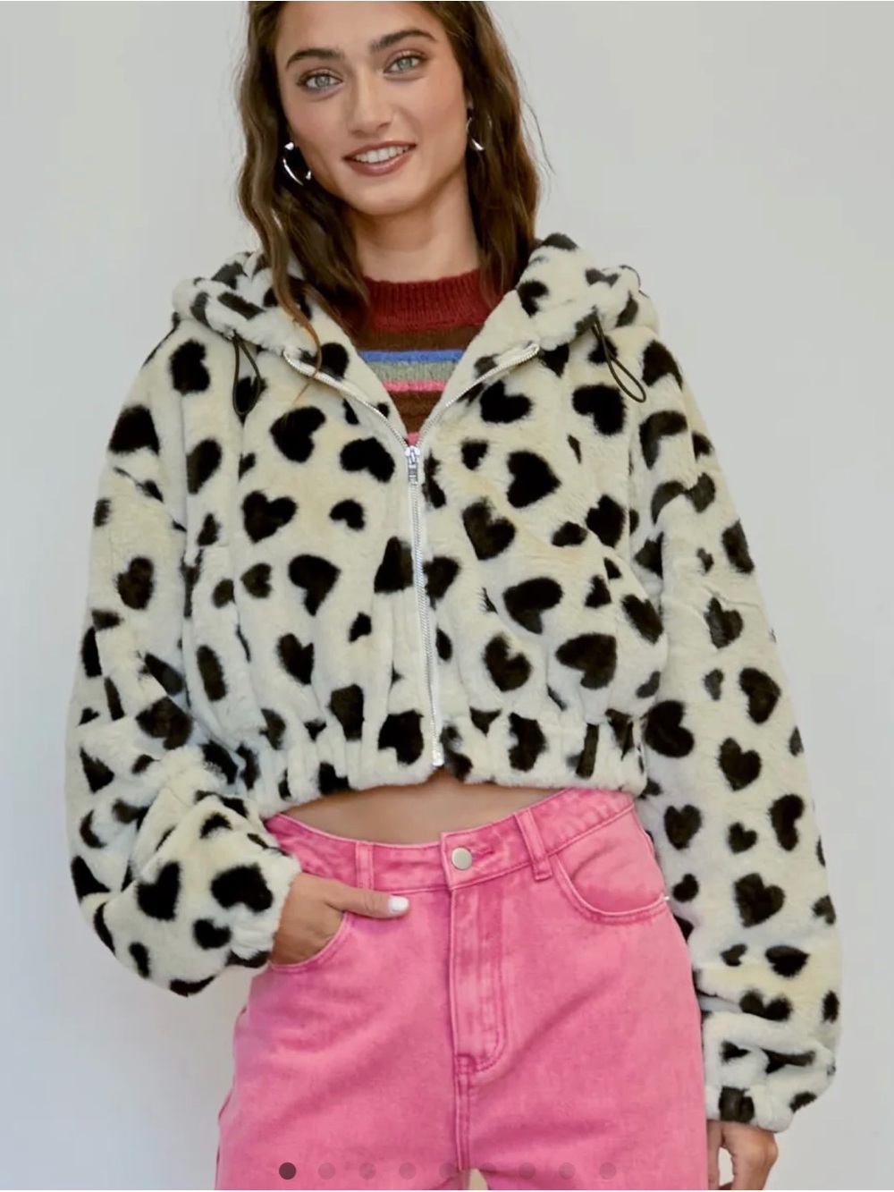Cider Ivory Faux Fur Cropped Jacket with Black Heart Print
